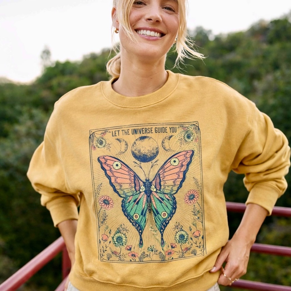 Boho Cropped XS Sweatshirt Cottonβ Blend Butterfly Graphic Mustard Yellow